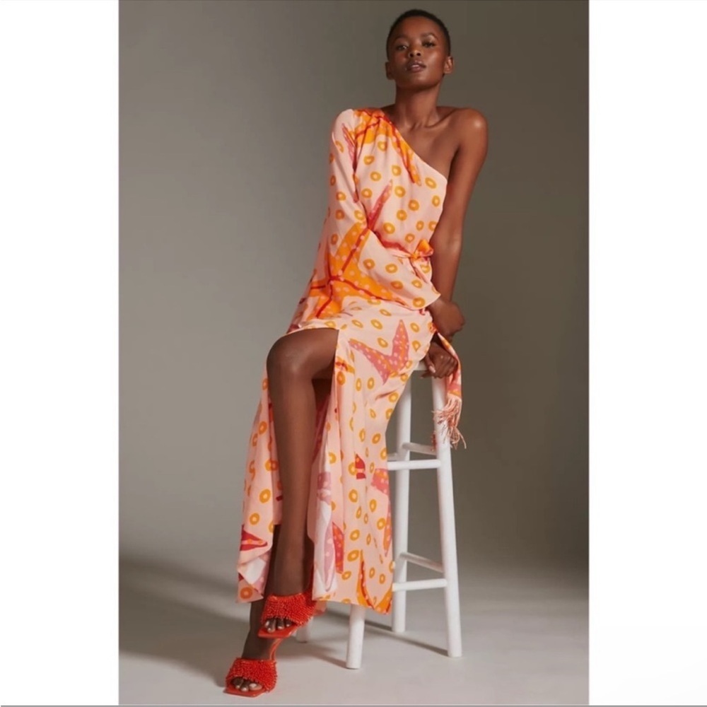 Anthropologie Farm Rio One Shoulder Starfish Maxi Dress Orange Size Small NWT - Picture 9 of 10